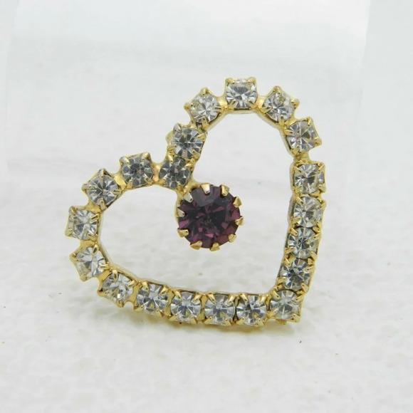Gold Tone Clear Purple Rhinestone Heart Pendant - Picture 2 of 4